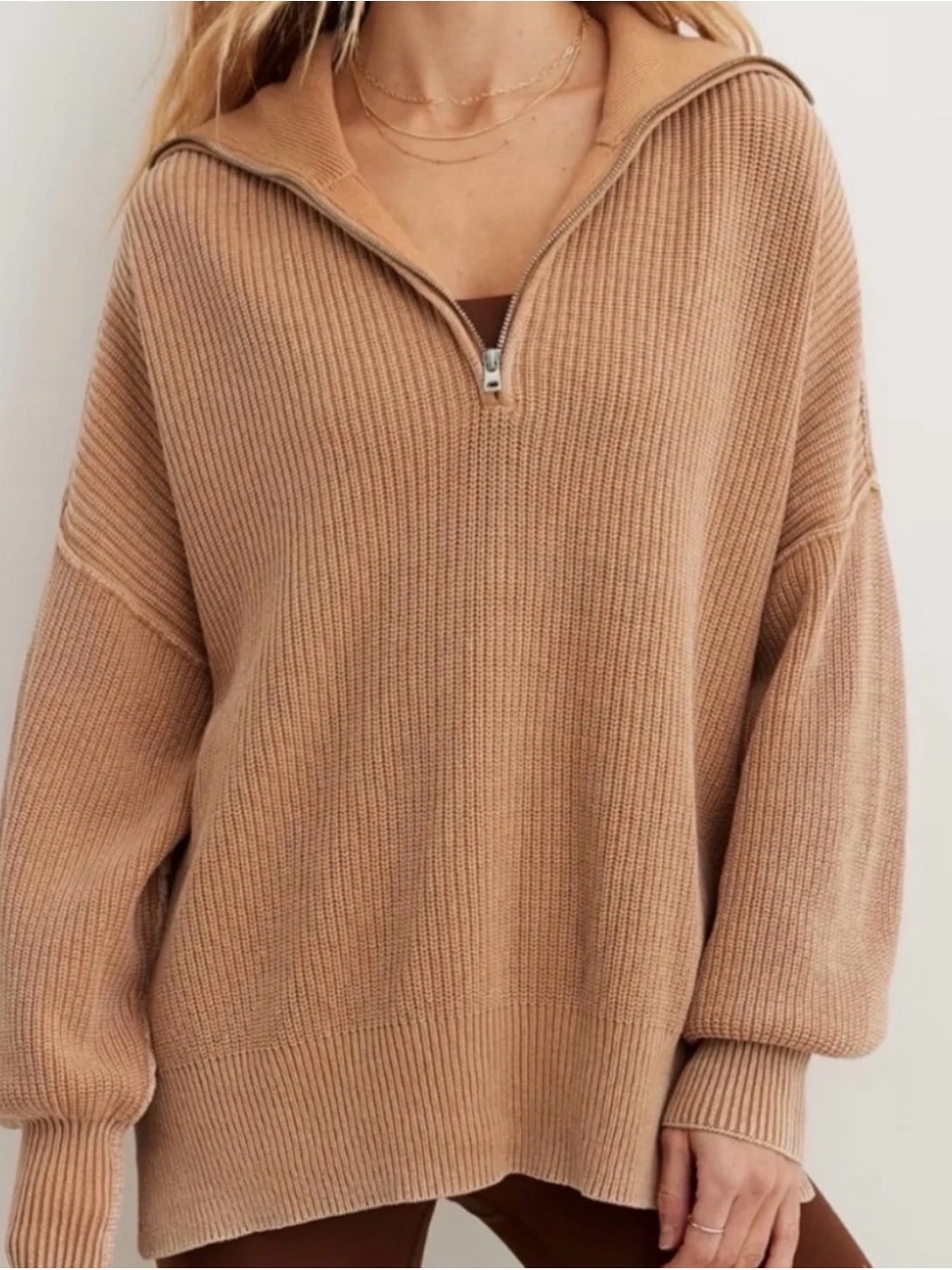 Aerie Women’s Half-Zip Ribbed Pullover Sweater in Camel